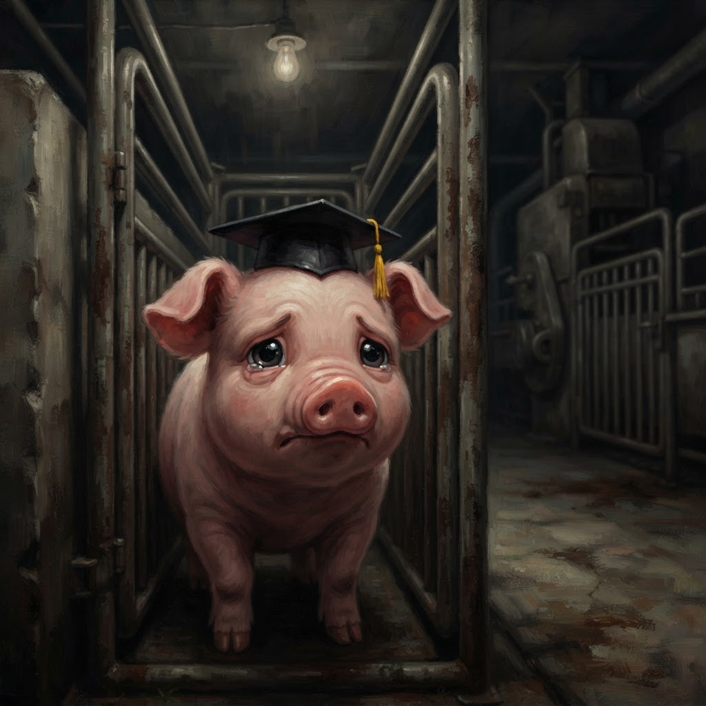 The pig wearing a graduation cap, with an ironic sad expression