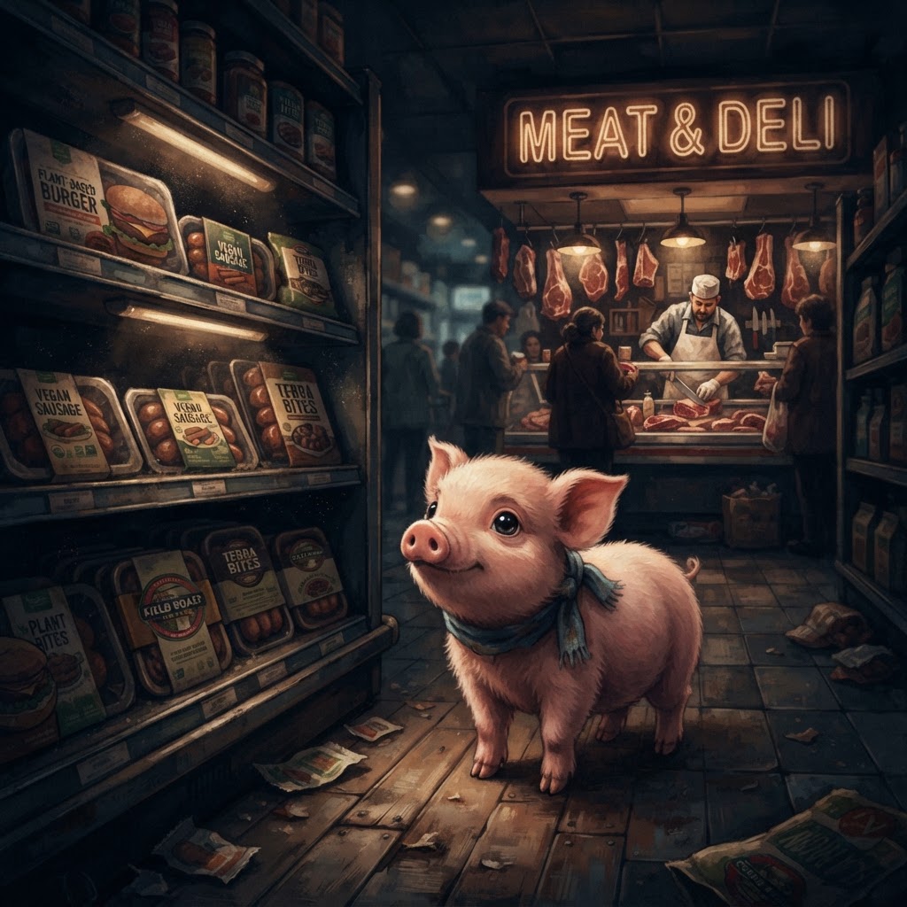The pig with a pink snout, near a dusty shelf of plant-based meat while a busy butcher counter looms behind