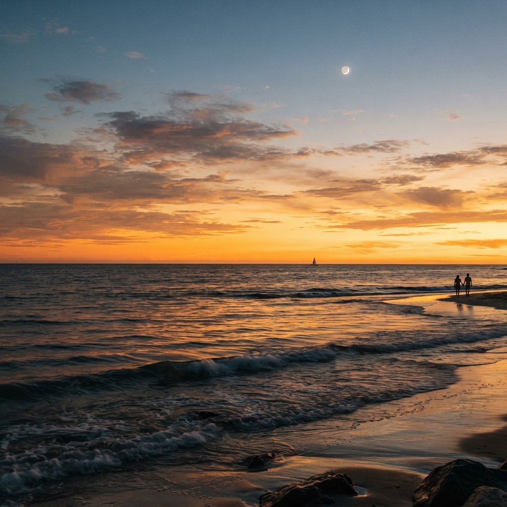 Photograph of a golden sunset over the ocean with the moon faintly visible above