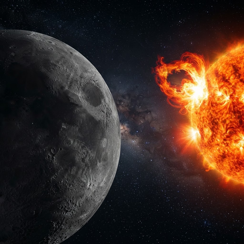 Photograph contrasting a cold rocky moon and an intense fiery sun flare