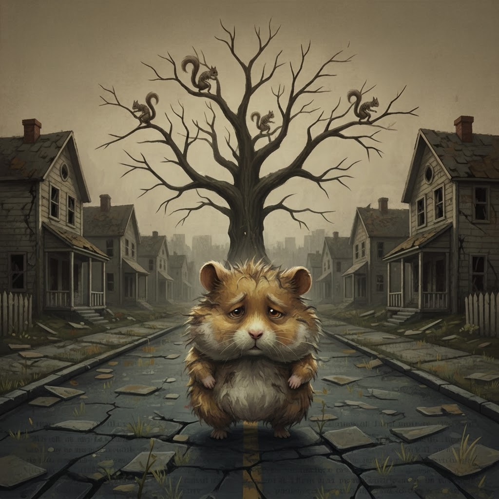 A weary scruffy golden-brown hamster trudging down a desolate suburban street, squirrels in a dead oak tree