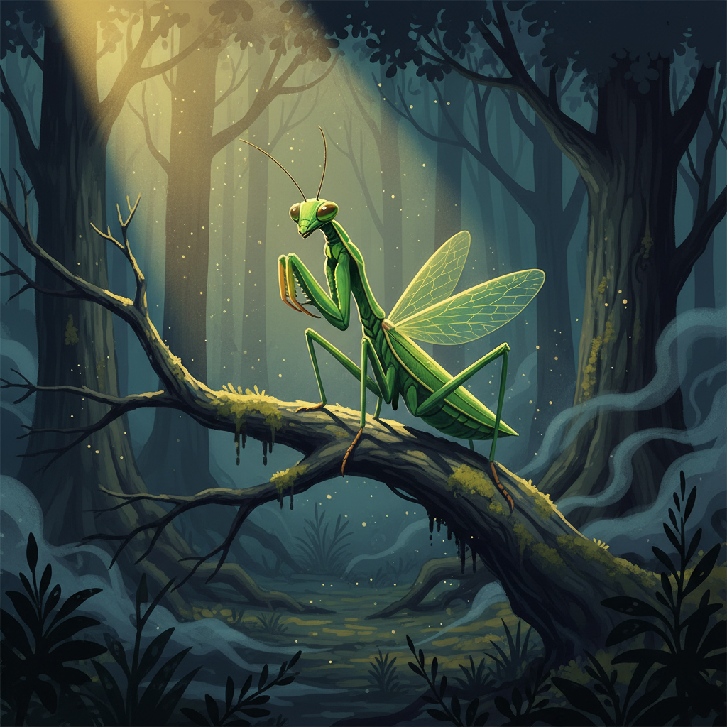 Praying mantis perched in contemplative stillness on a branch in dramatic dark forest light