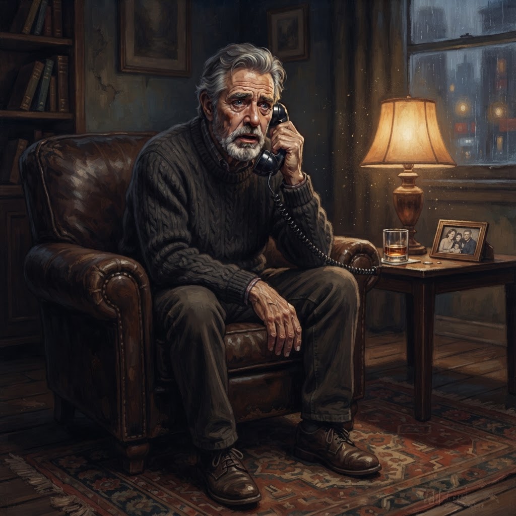 An older man sitting in an armchair answering the phone, looking sad