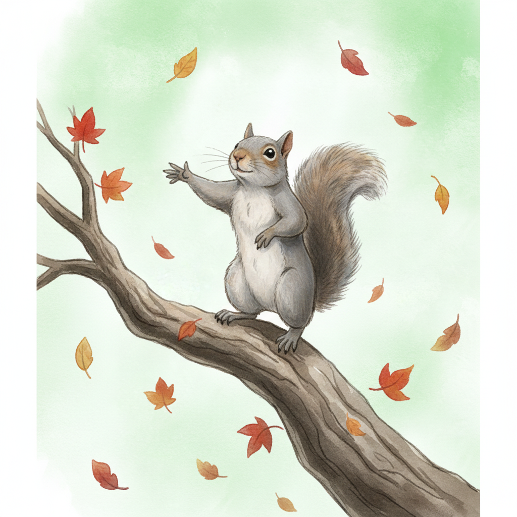 A grey squirrel perched dramatically high on a tree branch like a performer on a stage