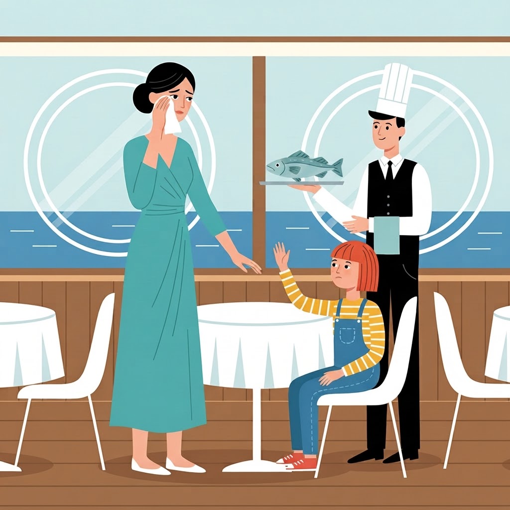 Aunt dabbing tears at dinner table while a waiter offers cod which they both decline