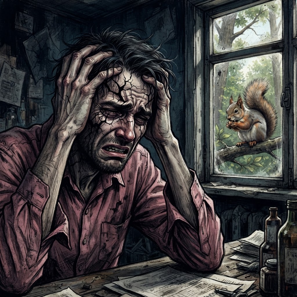 Gaunt man gripping his head with cracks of shadow across his face while squirrel eats calmly