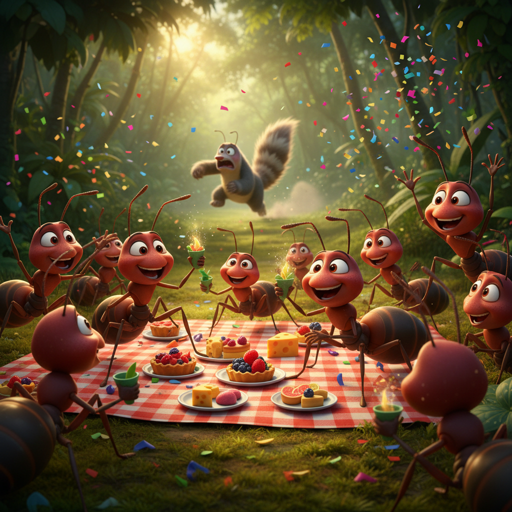 Happy ants celebrating victory picnic in foreground, tiny anteater fleeing in the distance