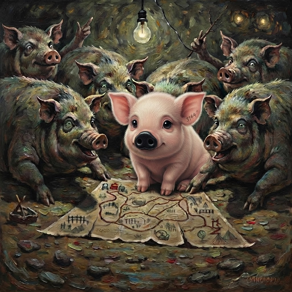 Cute pigs with black snouts gathered around a crude hand-drawn map on a muddy floor