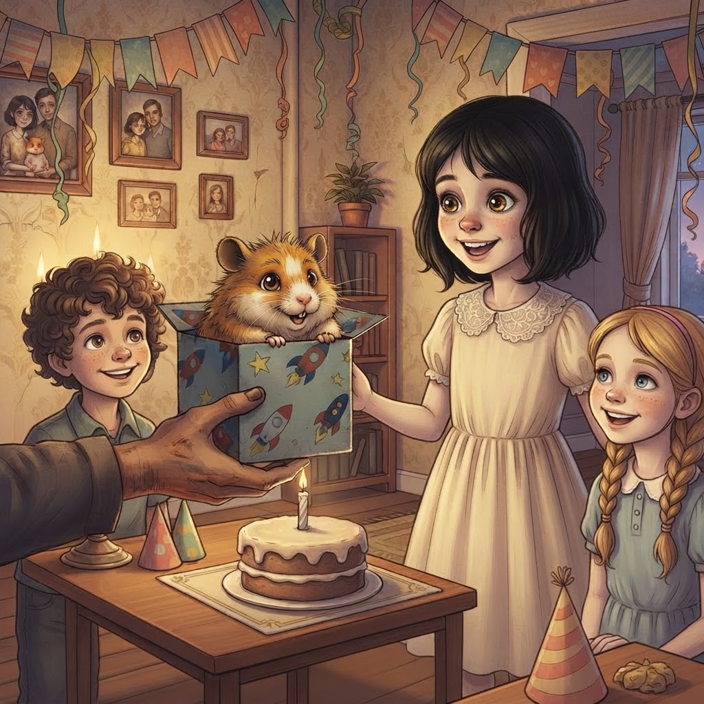 A scruffy golden-brown hamster in a gift box handed to a pale girl with dark bob at a birthday party