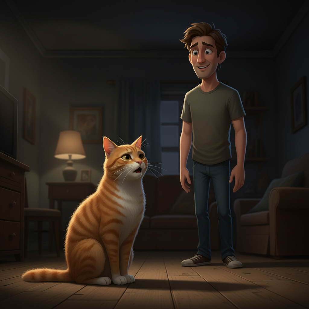 Cat speaking with quiet gravity, friendly young owner listening in shadows
