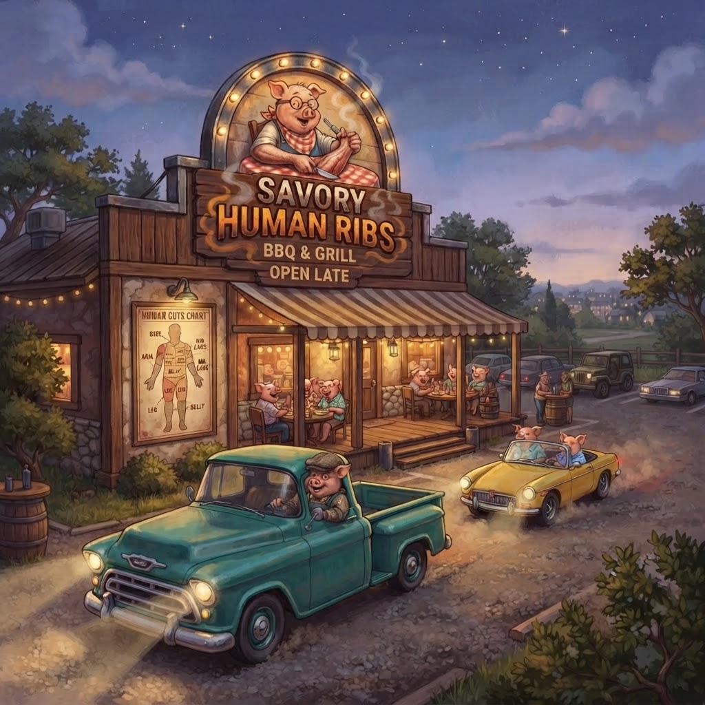 Brightly lit barbeque restaurant exterior with pigs arriving in cars, sign reading Savory Human Ribs showing a pig in a bib eating a human from a plate, wall chart showing a human silhouette with labeled cuts: arms, legs, belly, ribs
