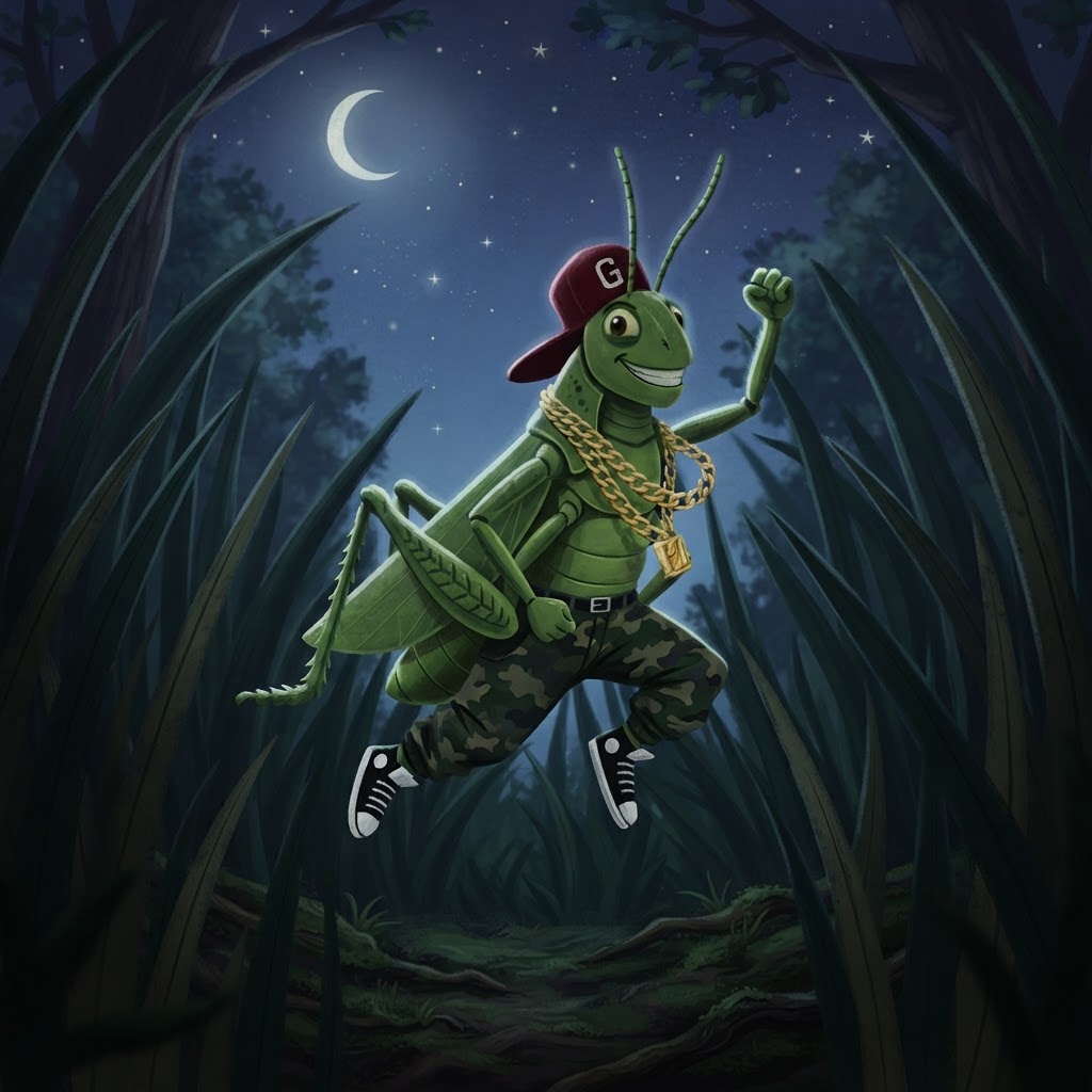 Hip-hop grasshopper mid-leap between tall grass blades at dusk with fist raised