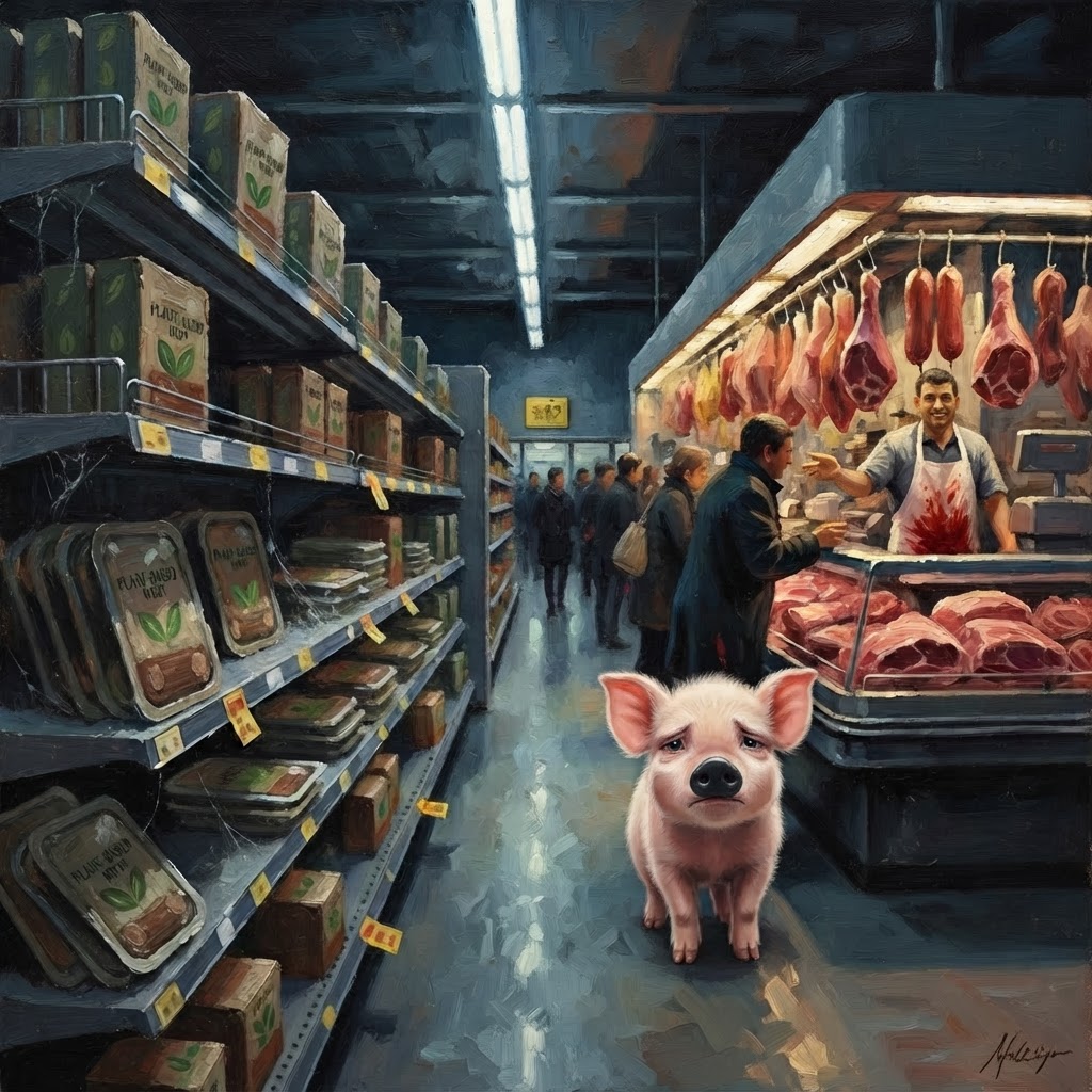 Dusty plant-based meat on a shelf while a busy butcher counter looms behind, cute pig with black snout nearby
