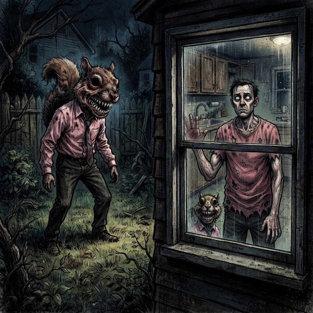 Grotesque transformation of a man into a squirrel-headed creature, watched by a calm vacant zombie-like man in a red shirt