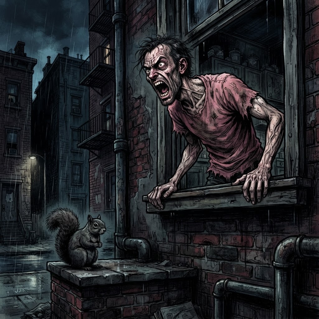Gaunt man leaning out window shouting with distorted face while squirrel ignores him