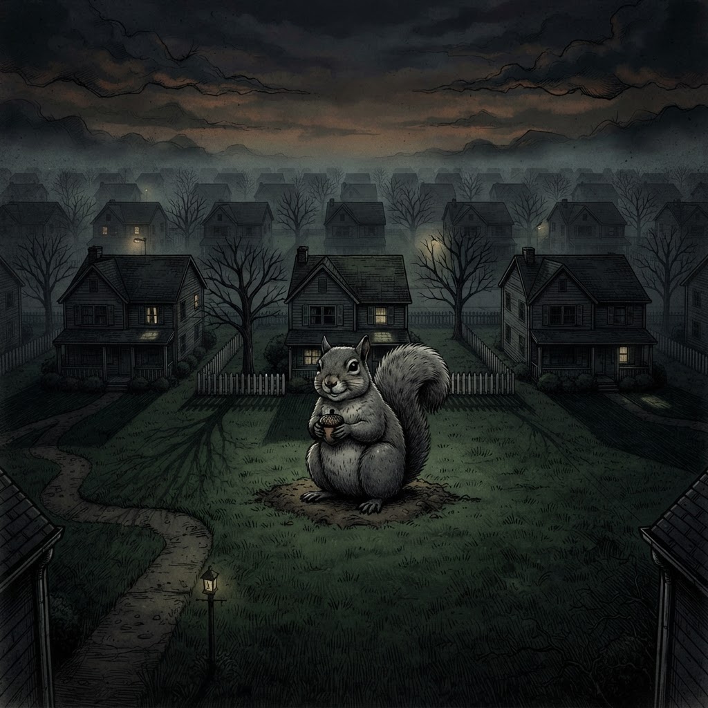A squirrel sitting smugly in an eerily perfect yard surrounded by empty yards in a void