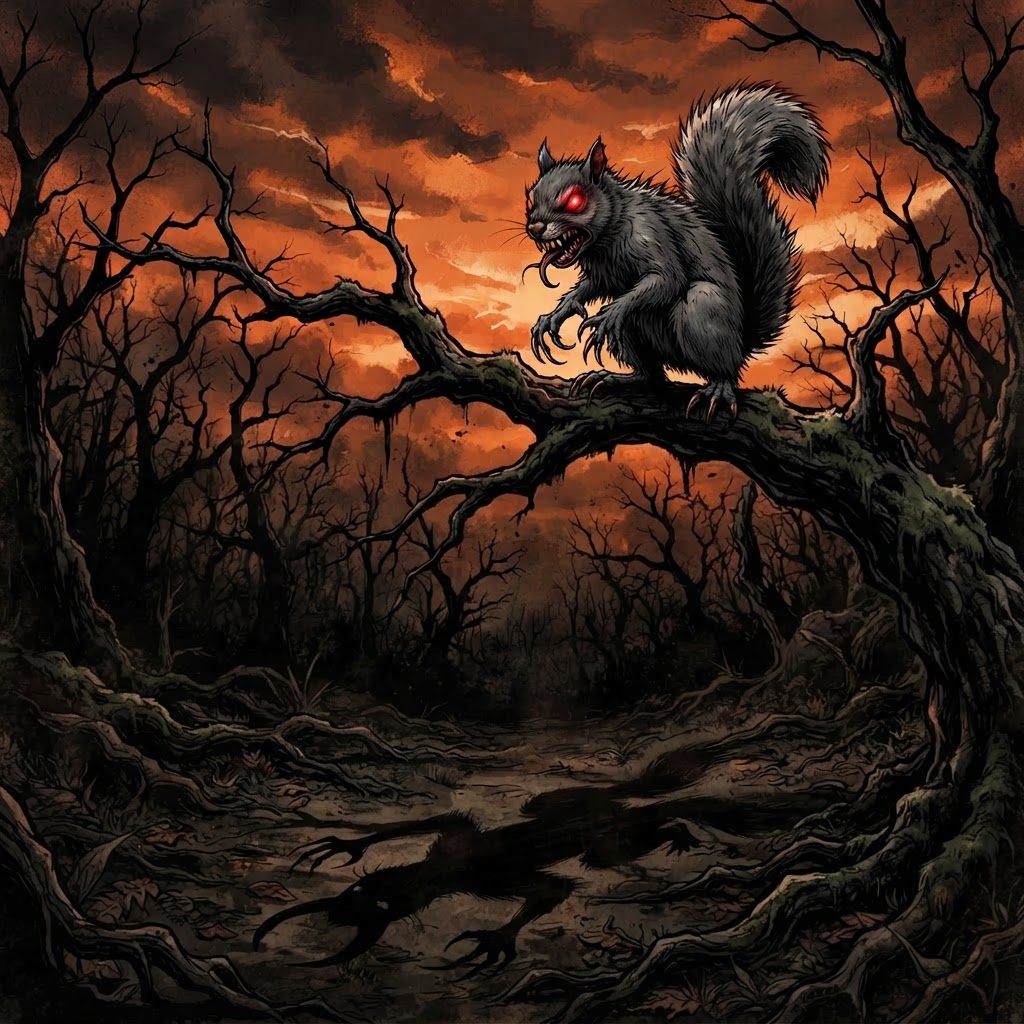 A sinister glowing-eyed squirrel perched on a twisted dead tree branch under a blood-orange sky casting a monstrous shadow
