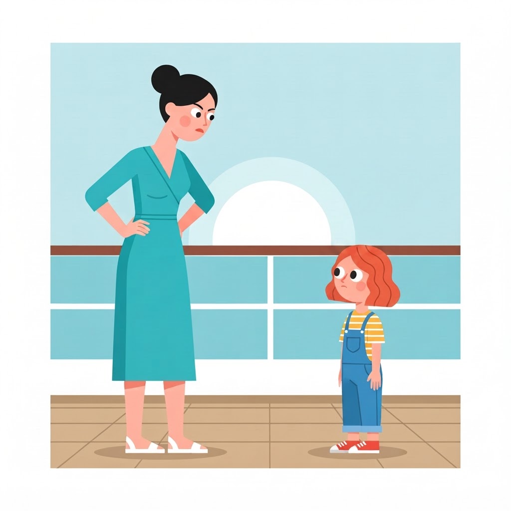 Aunt scolding Jane on the cruise ship deck with the ocean behind them