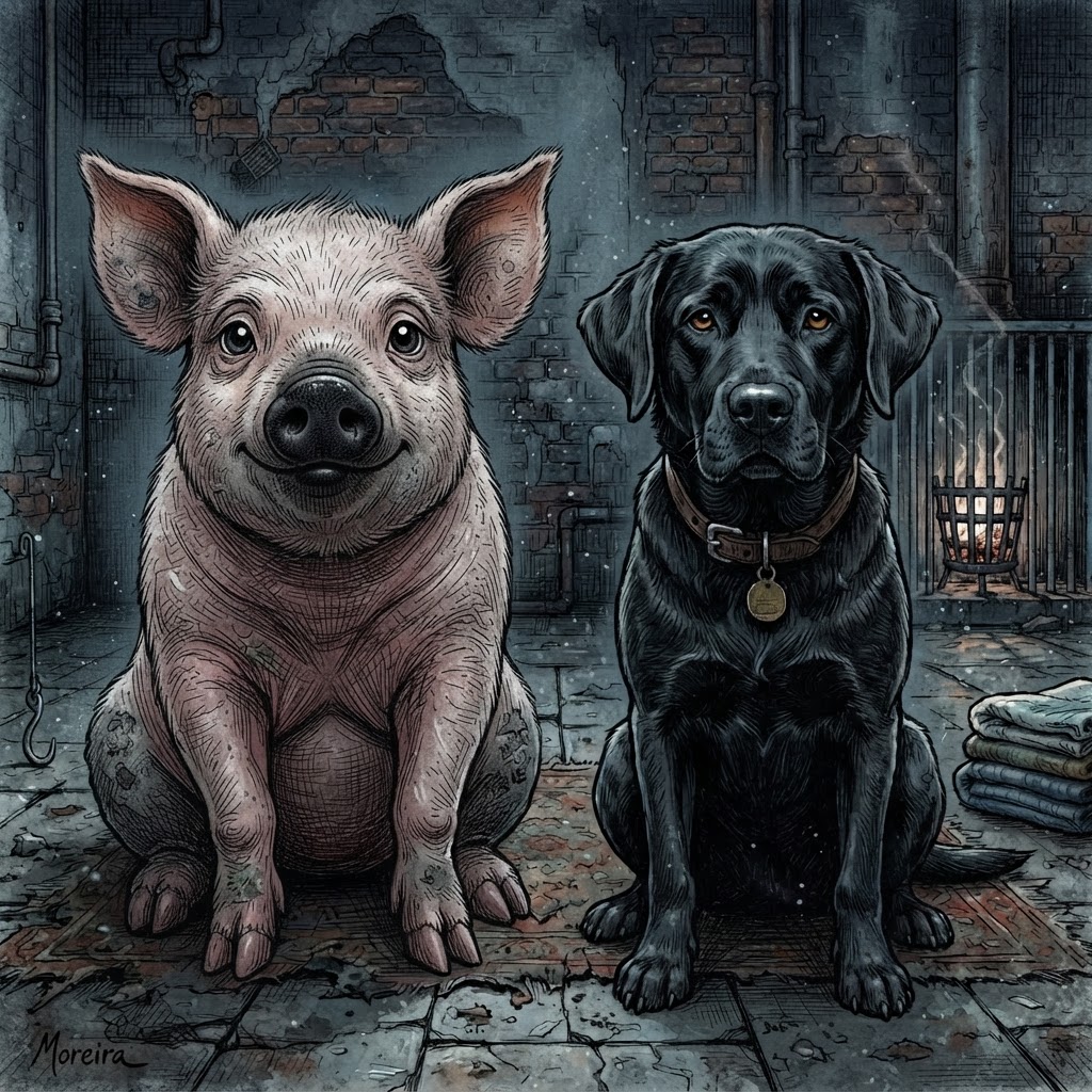 A cute pig with black snout, about the same size as a labrador retriever, sitting side by side with the same intelligent eyes, different fates