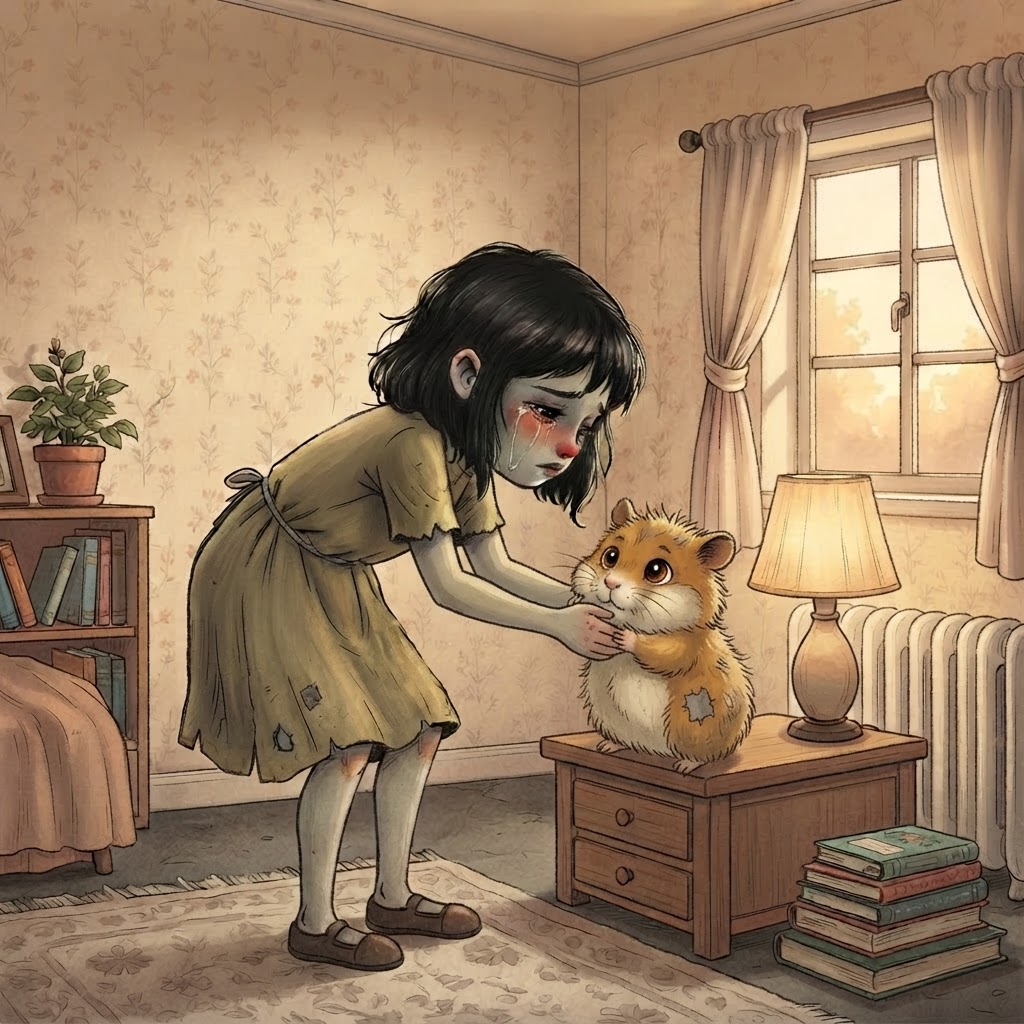 A pale girl with dark bob crying while helping a scruffy golden-brown hamster pack, the hamster reaching up for a hug