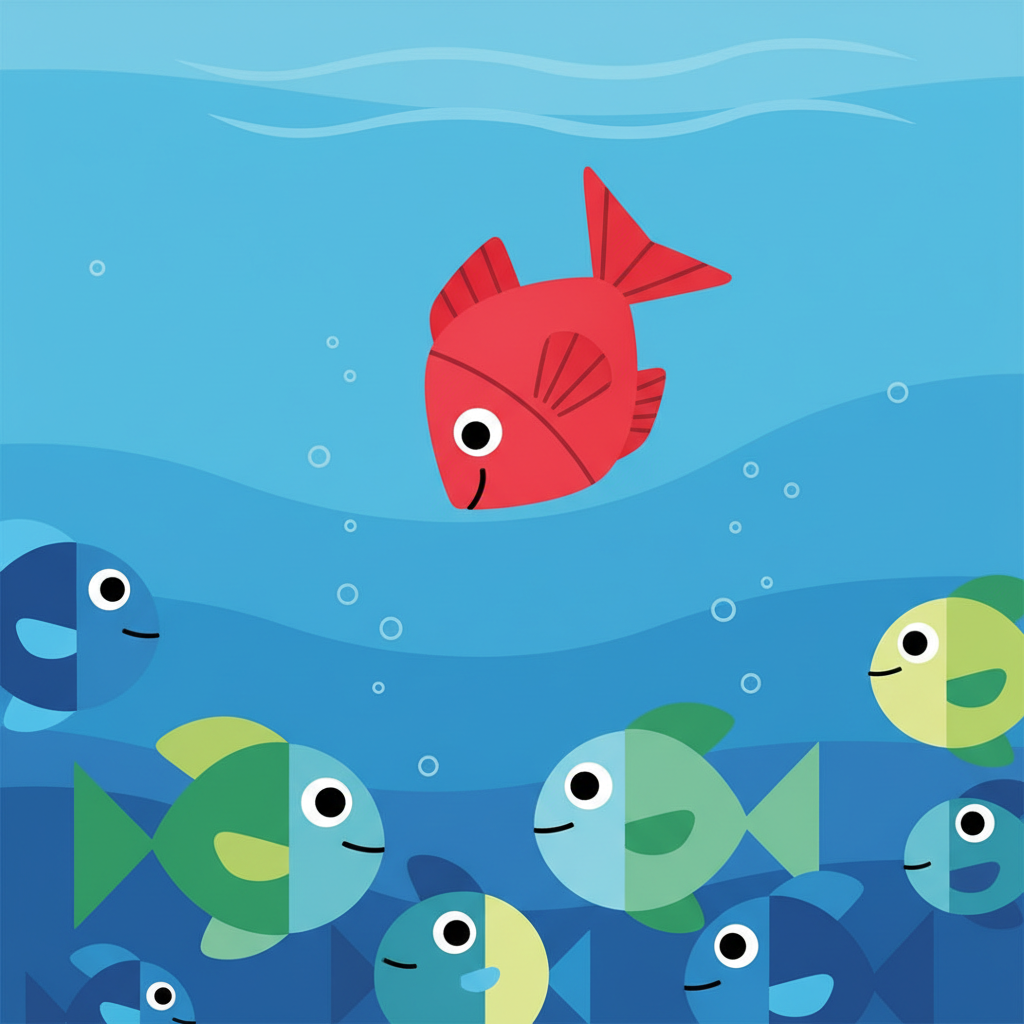 Red plastic fish toy sinking to join real fish who look up at it as a new friend