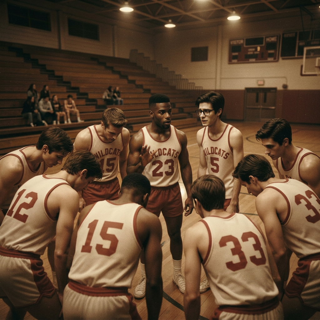 Dejected high school basketball team huddled in an old Indiana gym as the captain speaks to them