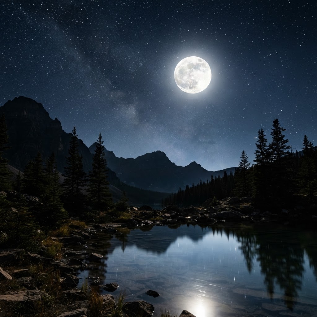 Photograph of a full moon glowing in a dark starry night sky