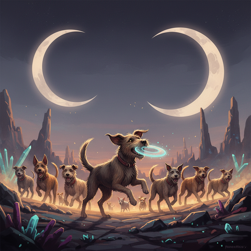 Mutt hiking and playing frisbee on the alien planet