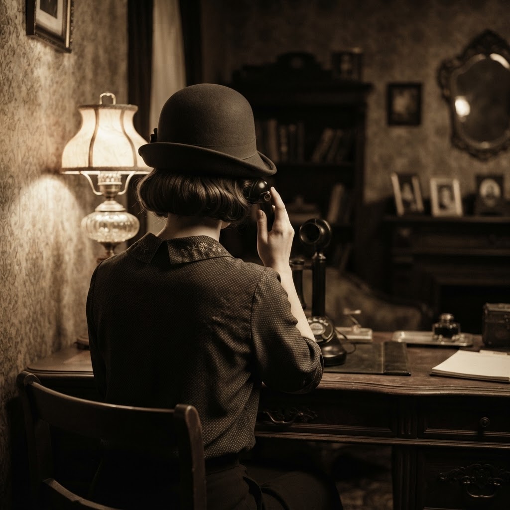 The back of a woman's head as she uses an original 1920s candlestick telephone in a sepia-toned room