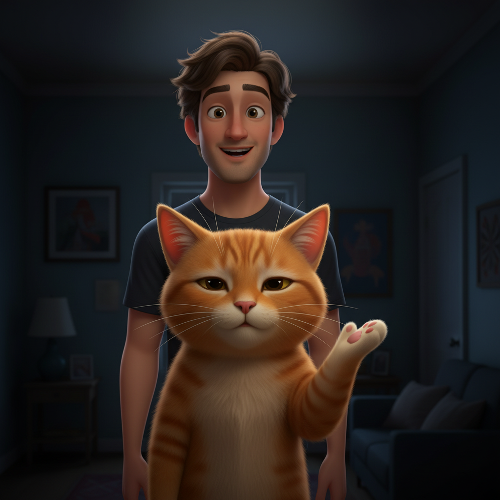 Tailless cat raising paw dismissively at friendly owner mid-sentence