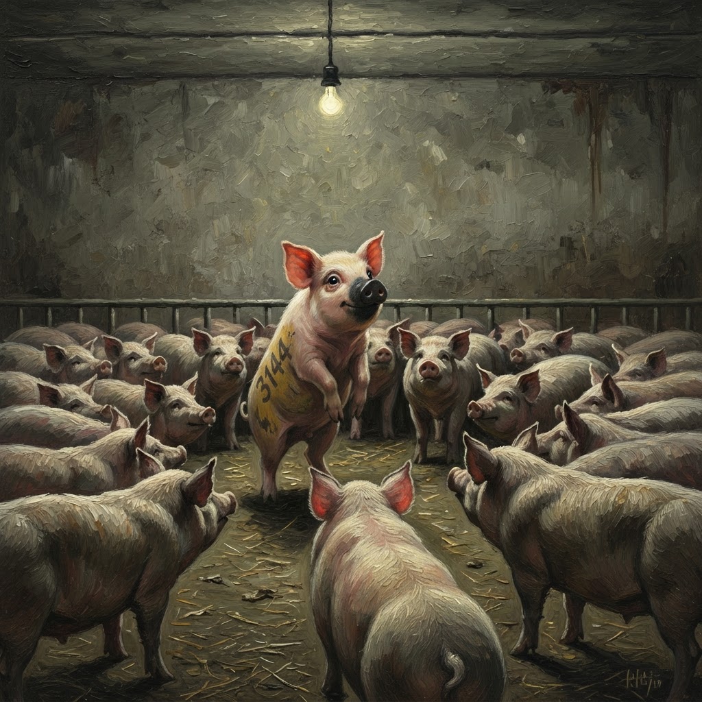 Cute pig 3144 with black snout standing upright, taking a stand, commanding the other pigs in the pen