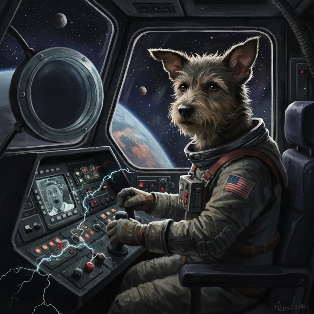 Mutt confidently operating the space capsule controls
