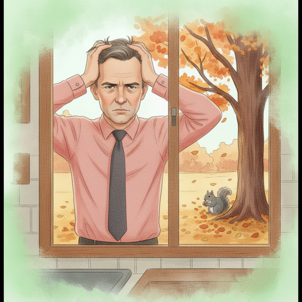 Middle-aged man in pink shirt with serious unsmiling expression gripping his head while squirrel eats calmly outside