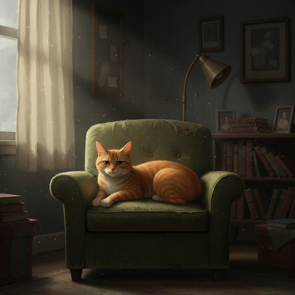 Orange tailless Manx cat lounging alone in dim apartment