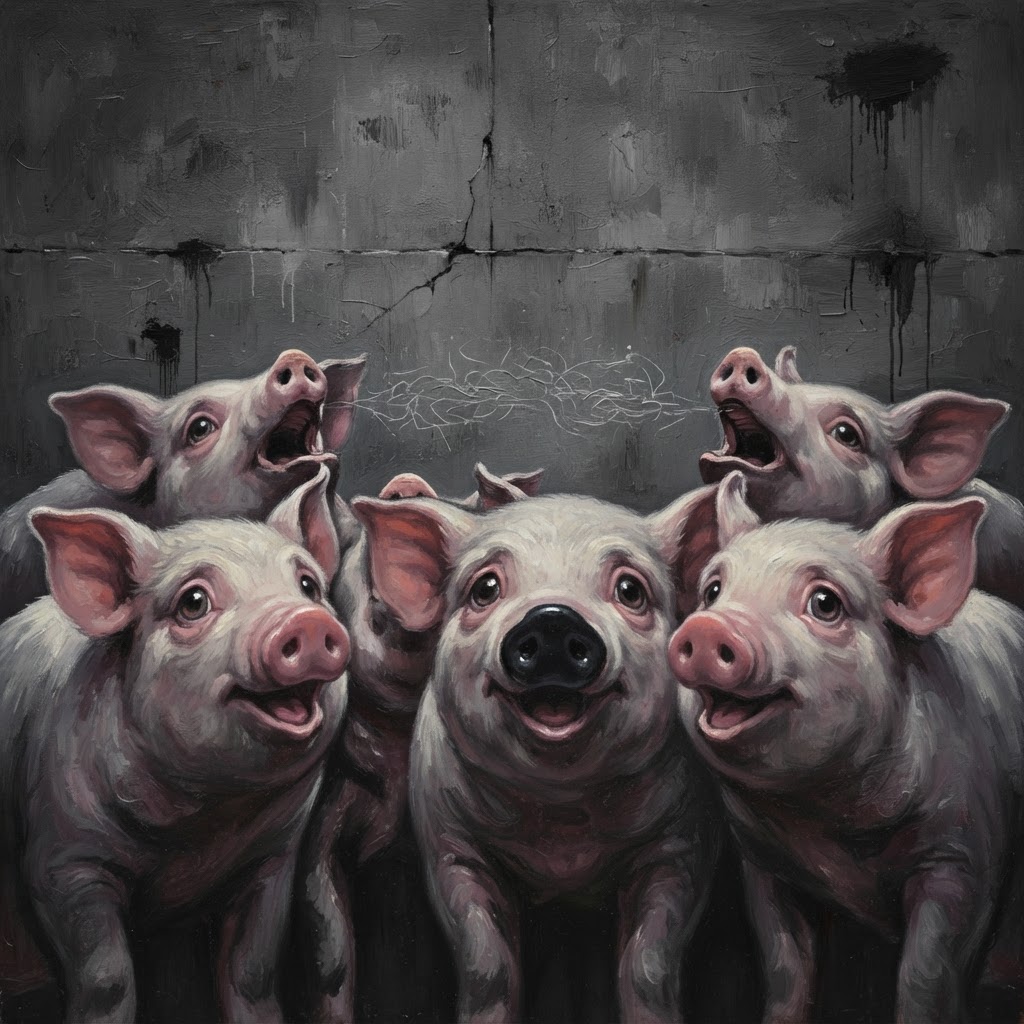 Cute pigs with mouths open trying to speak but producing no sound