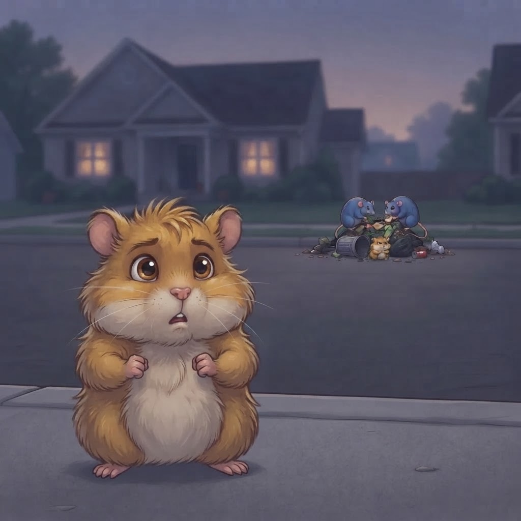 A small scruffy golden-brown hamster seeing two blue rats in the distance near a trash pile