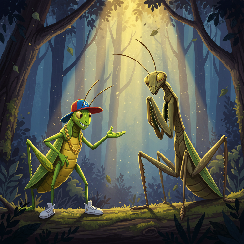 Praying mantis looking down at its own folded forearms while a hip-hop grasshopper gestures