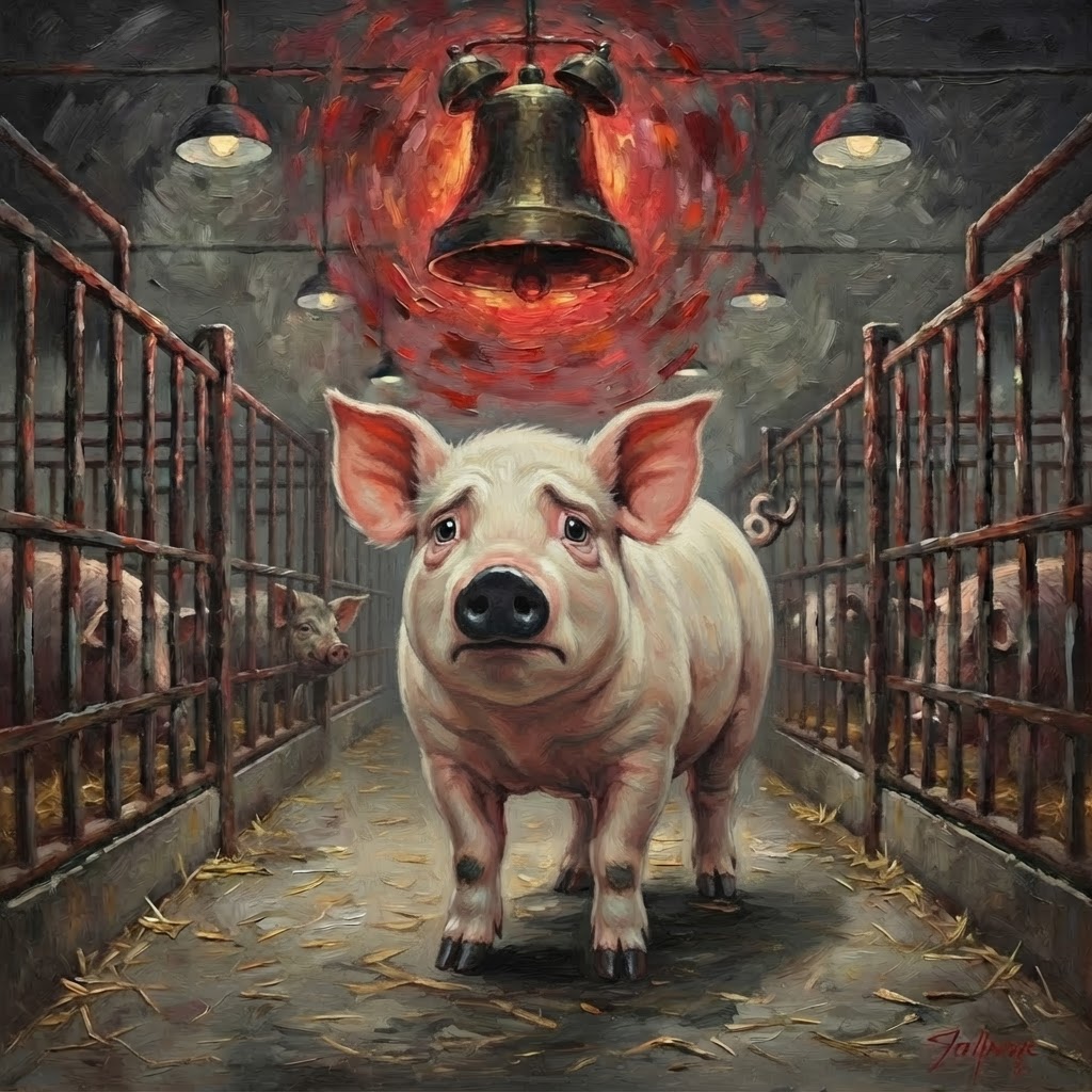 Cute pig with black snout standing bewildered in factory farm with alarm bells ringing, empty pens behind