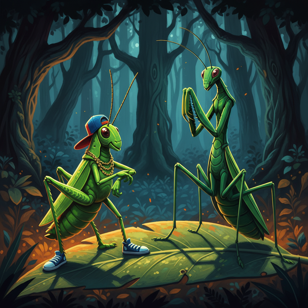 A hip-hop grasshopper with gold chains and backwards cap facing an elegant praying mantis on a leaf in dark forest