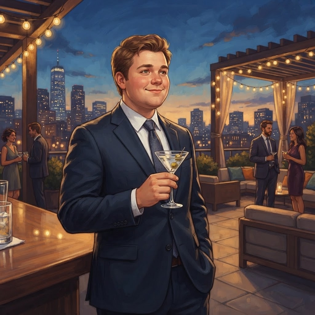 Young professional in a suit holding a cocktail on a city rooftop bar