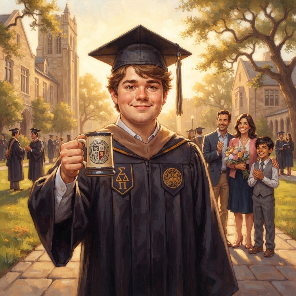 Young man in cap and gown holding a mug on graduation day