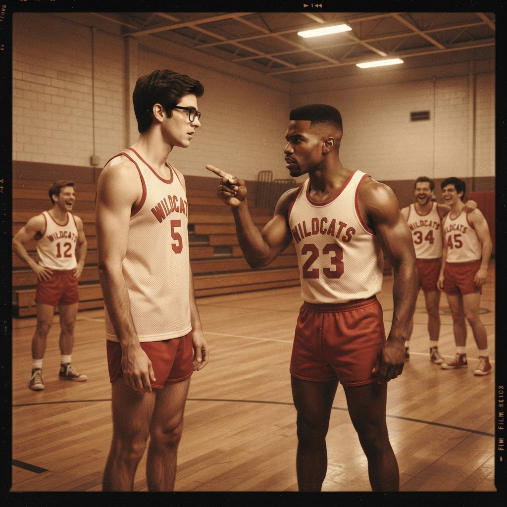 Team captain giving an order to laughing teammates near an elderly aunt at half court