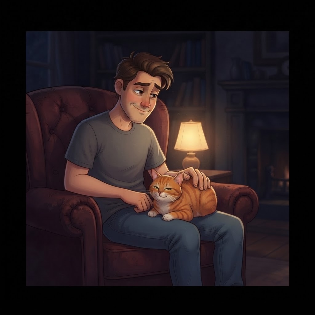 Friendly young owner petting orange tailless Manx cat facing the viewer on his lap, owner looking like he's hiding a secret, dark room