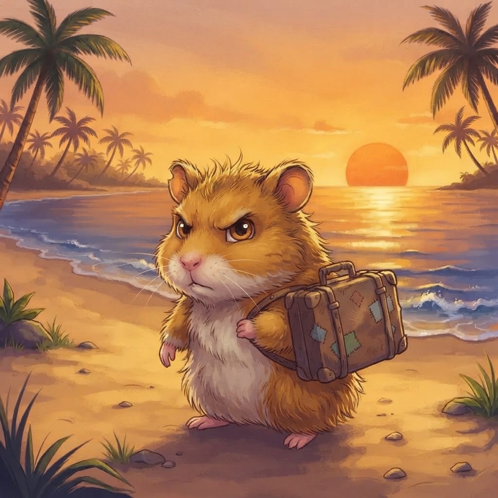 A defiant scruffy golden-brown hamster with battered suitcase, back turned to a warm woman in green cardigan, facing a tropical horizon