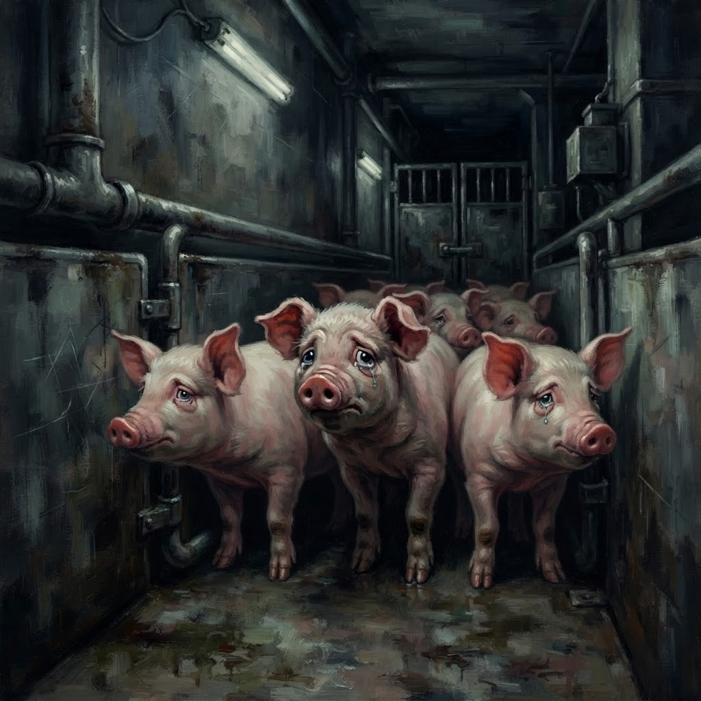 The pig, matching his prior appearance, and other pigs facing forward looking helpless and distressed in the chute