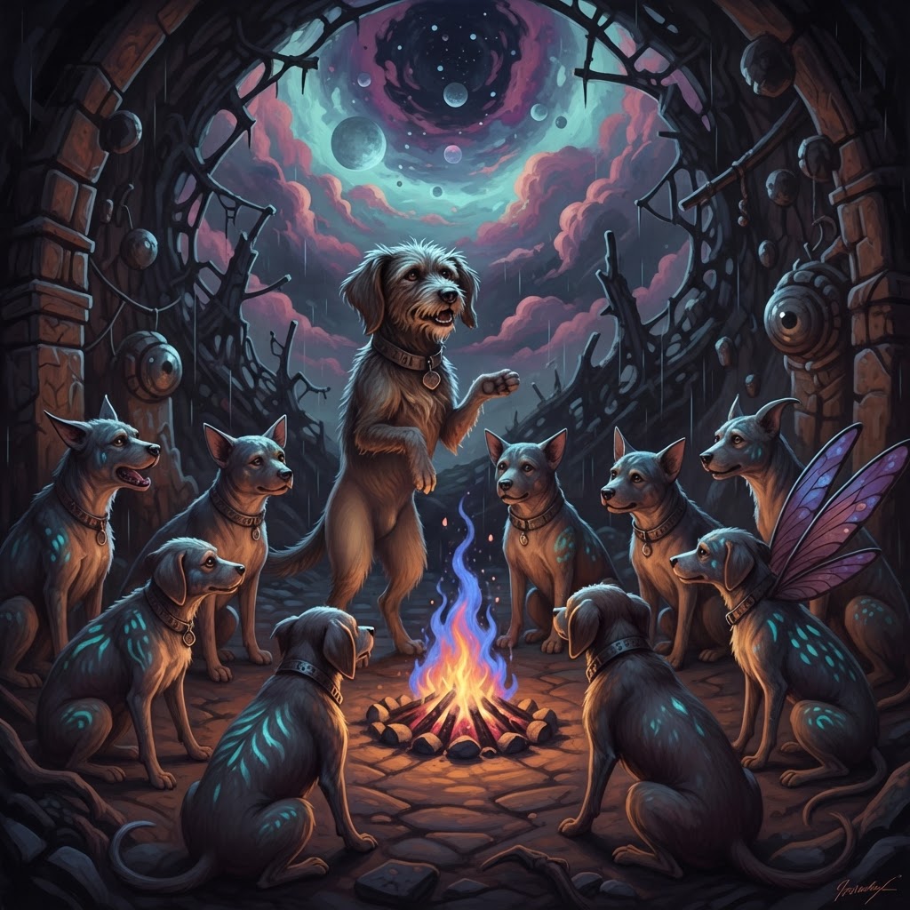 Mutt telling his last story to the space dogs