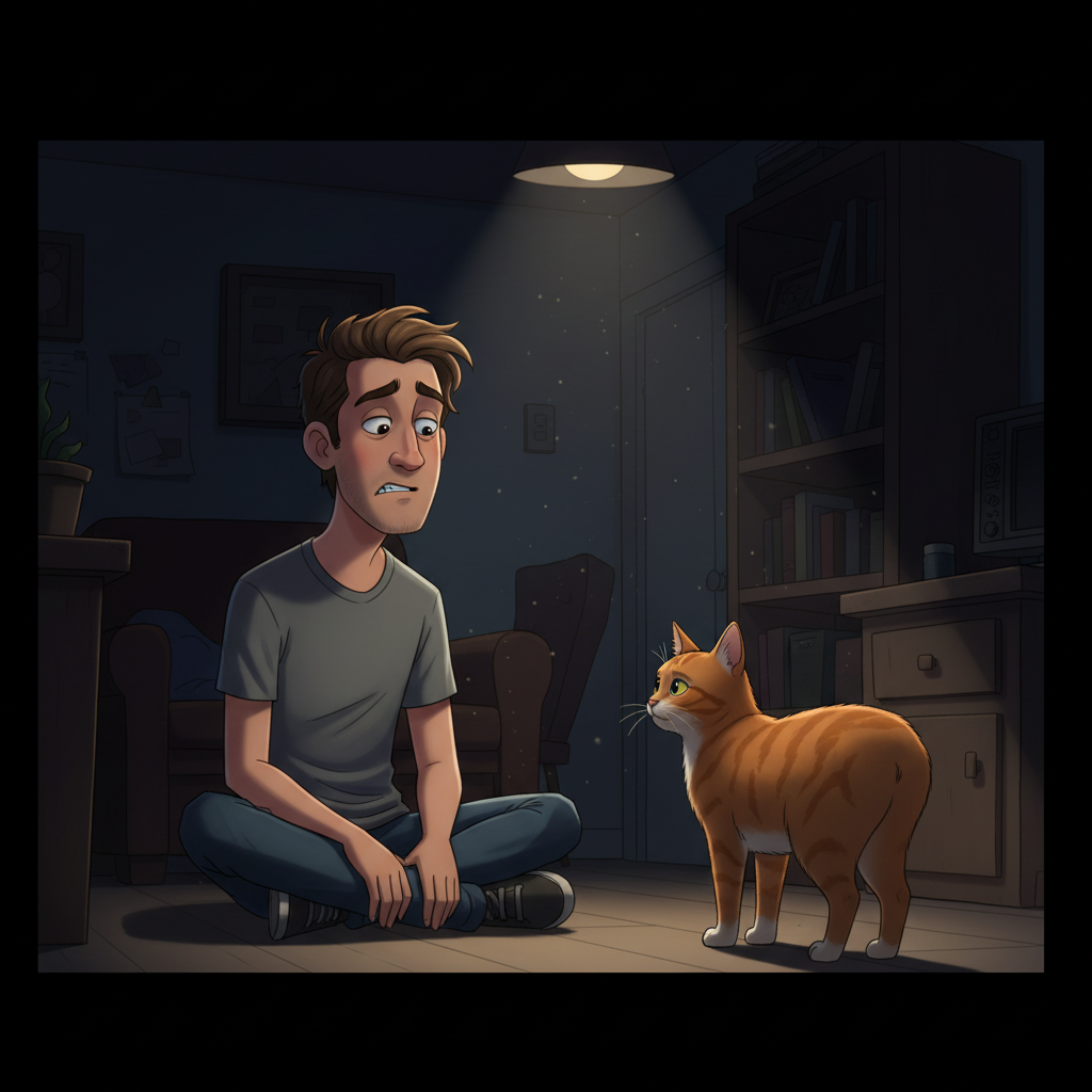 Friendly young owner sitting across from orange tailless cat in tense silence