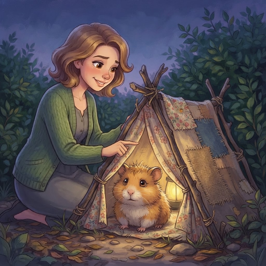 A warm woman in green cardigan knocking at a makeshift shelter where a scruffy hamster turns away defiantly
