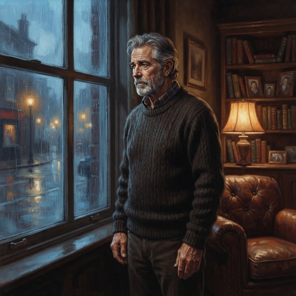 The same older man standing by the window, looking out sadly