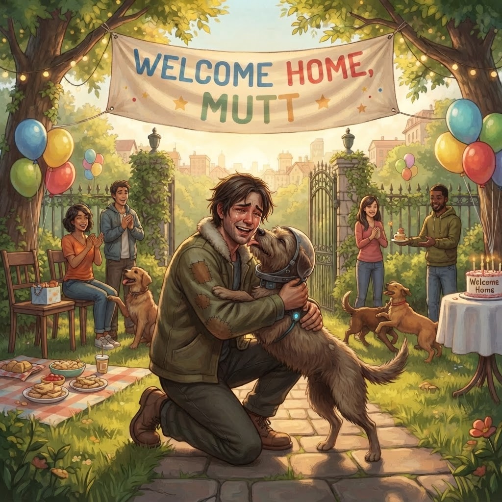 Ray reunited with Mutt at the dog pound, with a banner reading Welcome Home Mutt